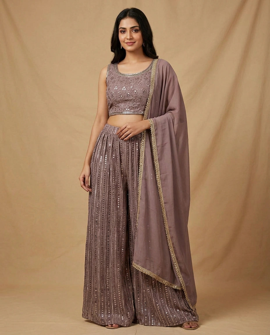 Mauve Georgette Choli Palazzo Set with Matching Dupatta Women