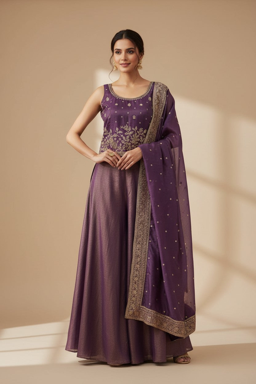 Artisan Tissue Palazzo Suit Set - Purple | Rangoli