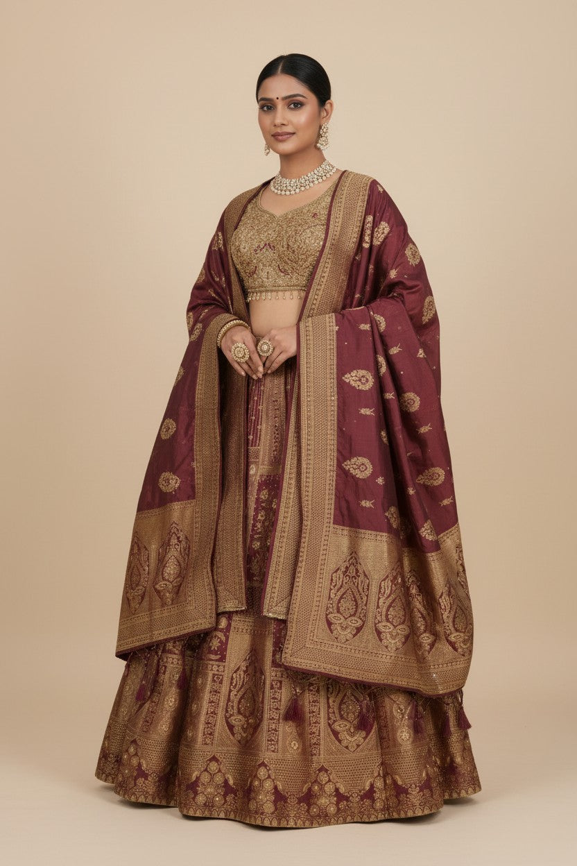 Designer Silk Katan Lehenga Crop Top Set | Rangoli