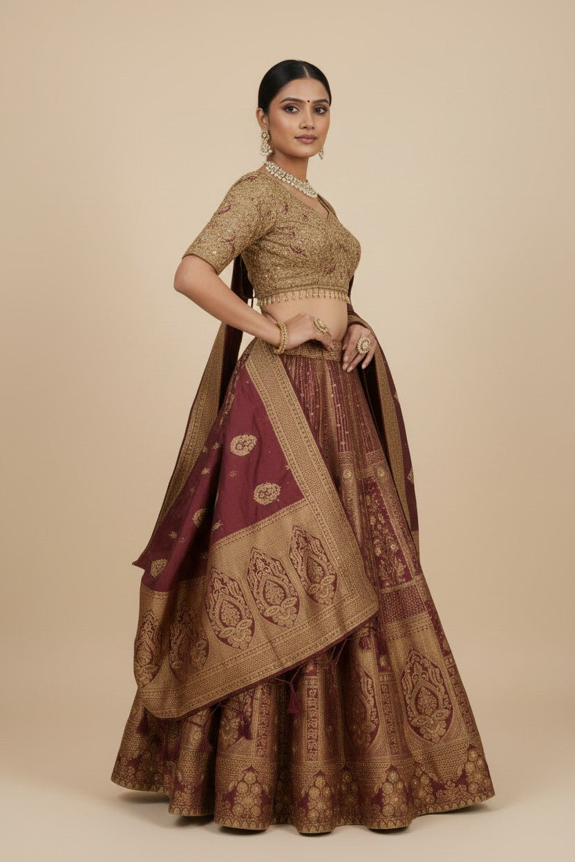 Designer Silk Katan Lehenga Crop Top Set - View 2 | Rangoli