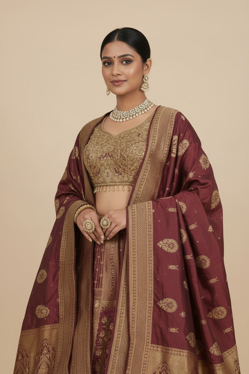 Designer Silk Katan Lehenga Crop Top Set - View 3 | Rangoli