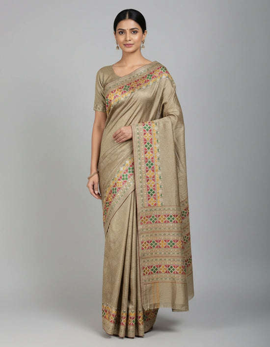 Beige Handcrafted Tussar Silk Embroidery Saree - Rangoli India