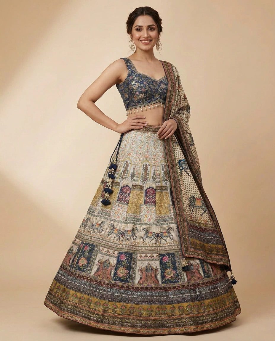 Sea Green Silk Katan Croptop Lehenga - Rangoli India