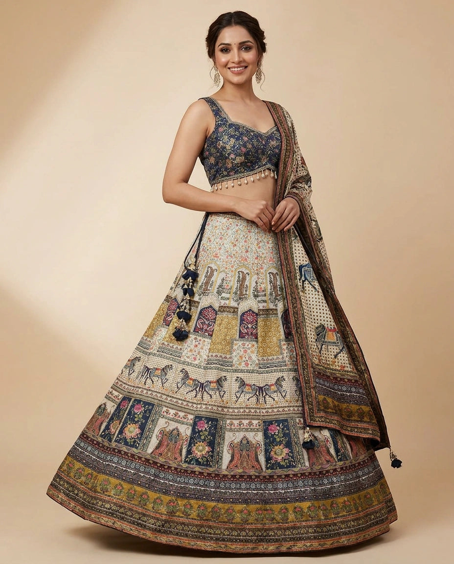 Sea Green Silk Katan Croptop Lehenga - Rangoli India
