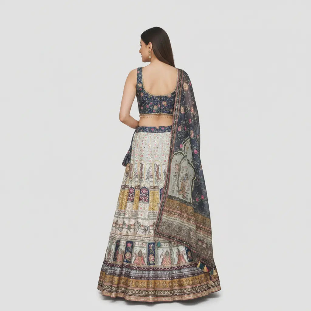 Woman wearing a traditional outfit with a patterned dupatta on a white background