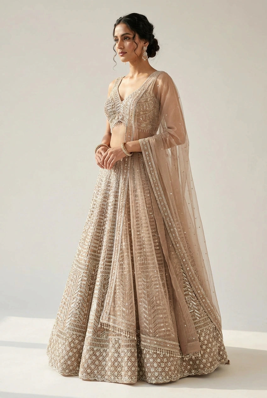 Mauve Net Lehenga Set with Tilla Embroidery for Walima Reception