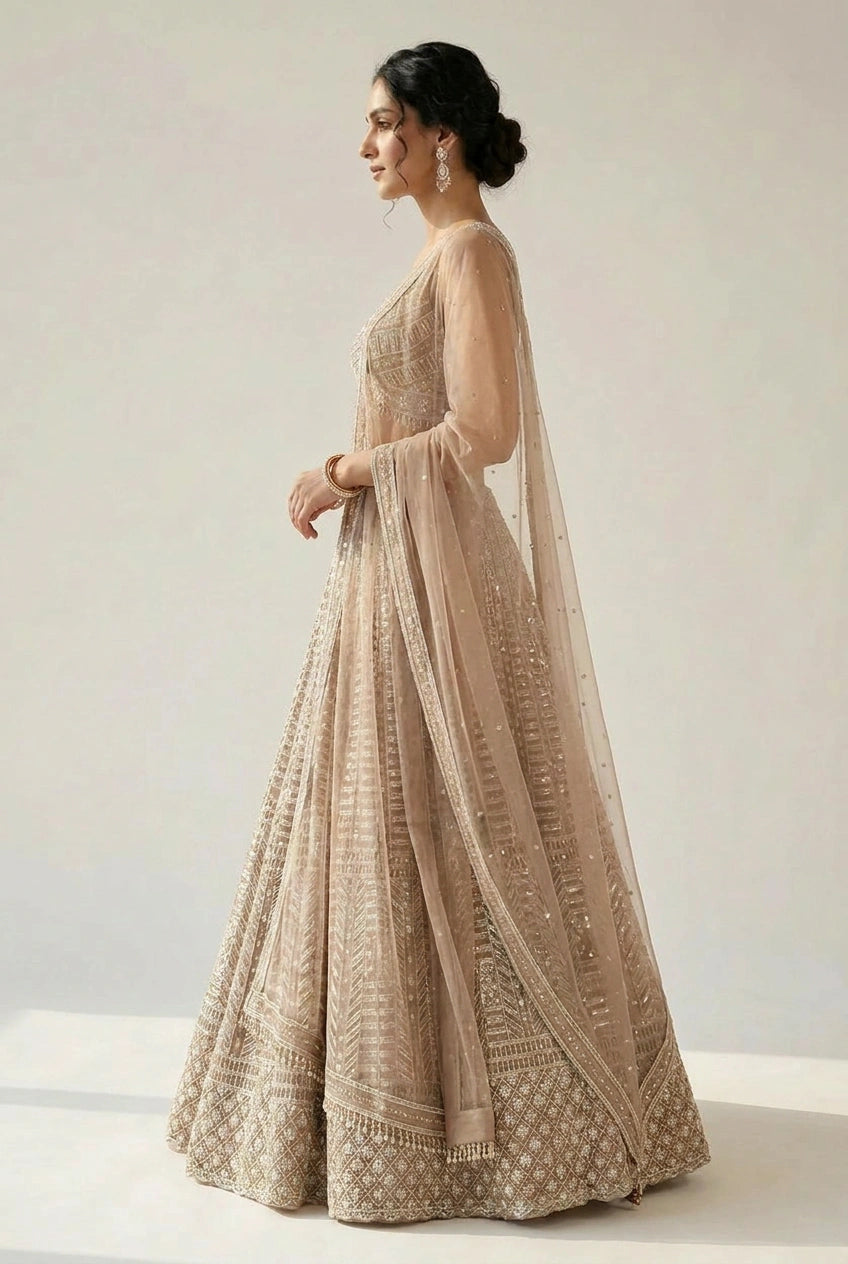 Mauve Net Lehenga Set with Tilla Embroidery for Walima Reception