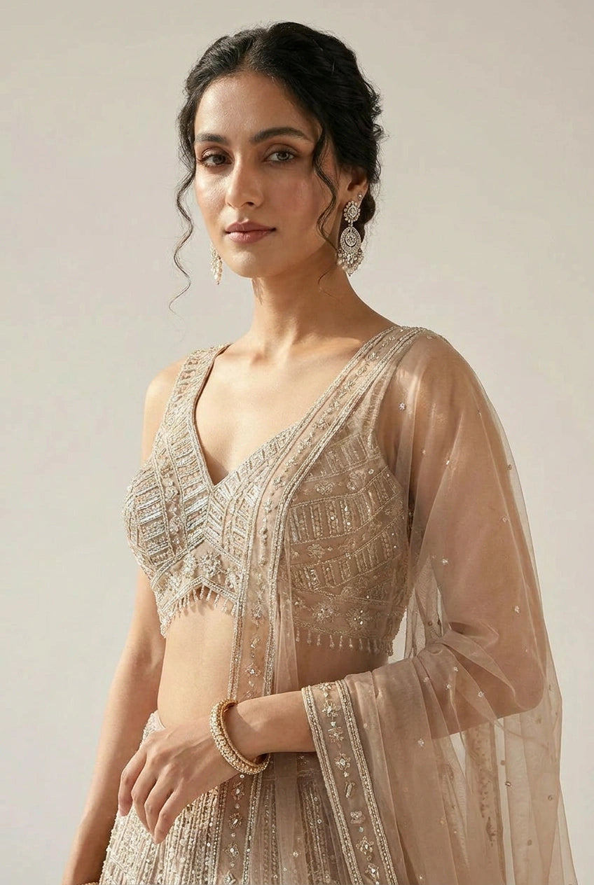 Mauve Net Lehenga Set with Tilla Embroidery for Walima Reception