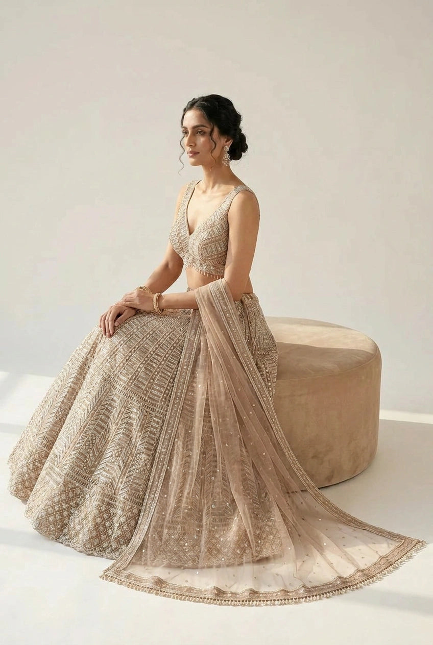 Mauve Net Lehenga Set with Tilla Embroidery for Walima Reception