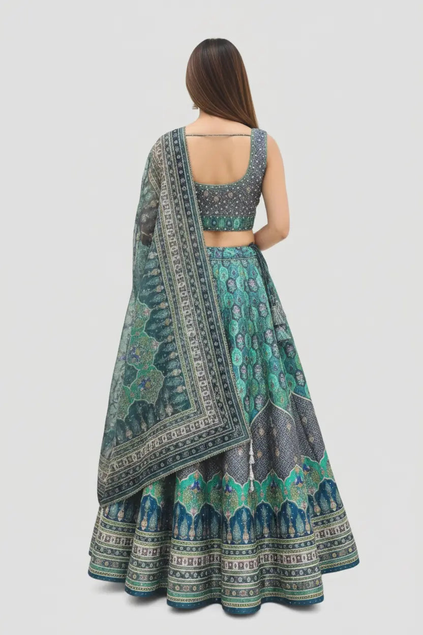 Woman wearing a traditional green and gray lehenga with a matching dupatta on a white background