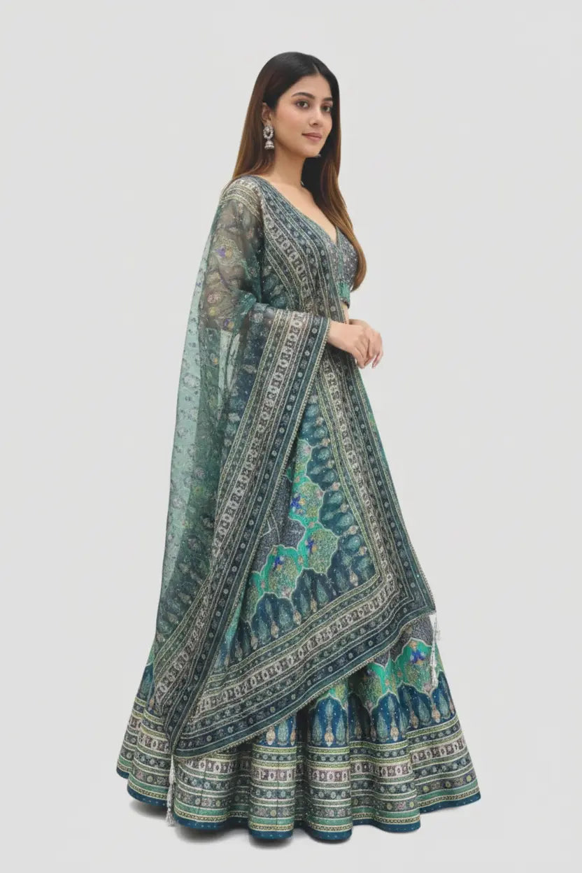 Woman wearing a green and blue patterned saree on a white background