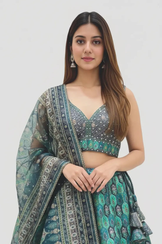 Firozi Blue Silk Katan Heritage Print Lehenga Crop Top Set - Rangoli India