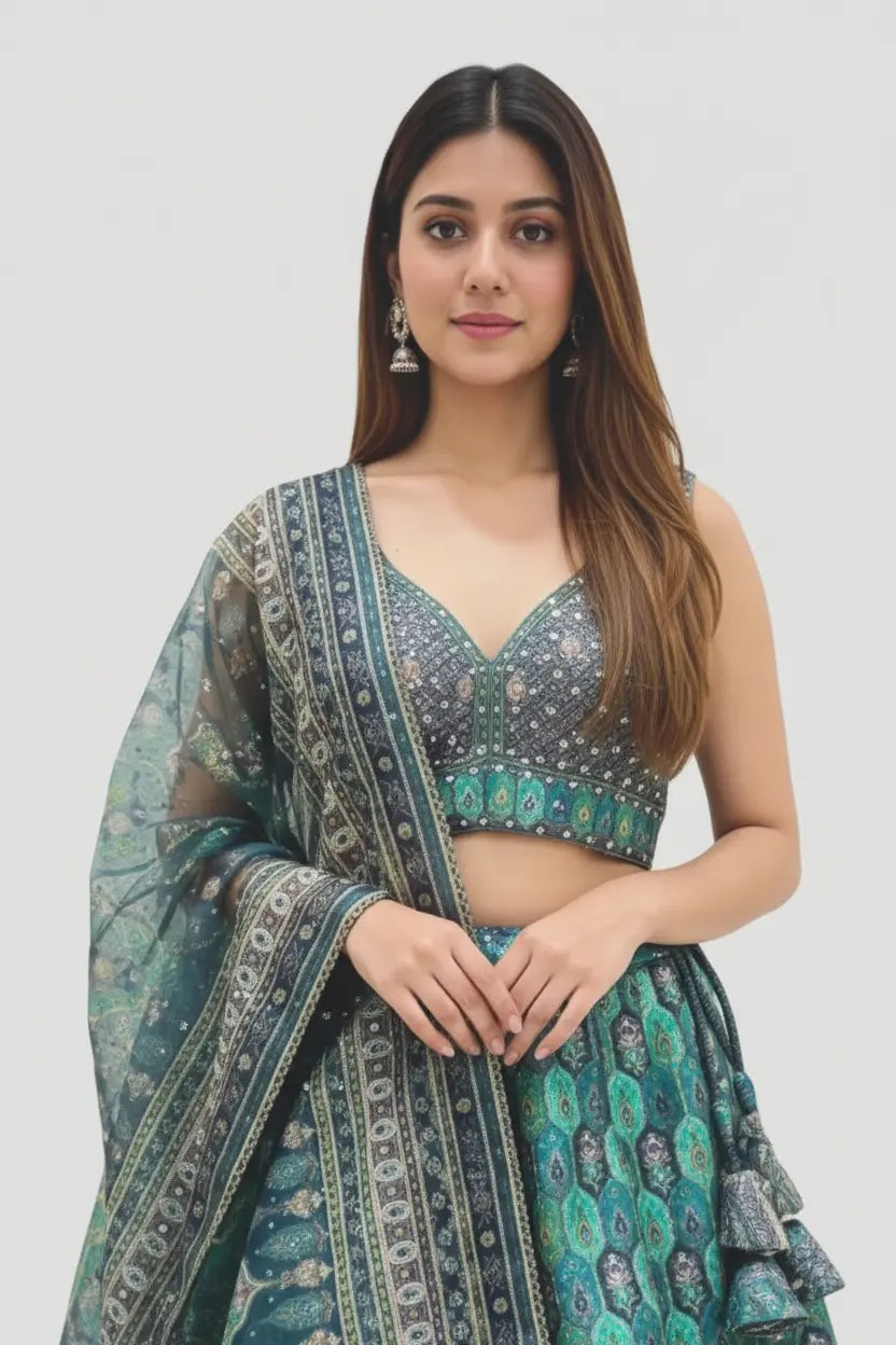 Woman wearing a traditional outfit with a patterned design on a plain background