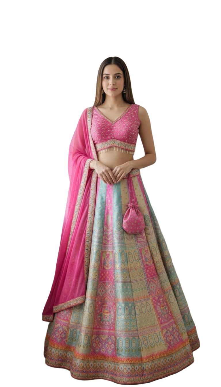 Pink Multicolor Banarasi Patchwork Lehenga Croptop Set