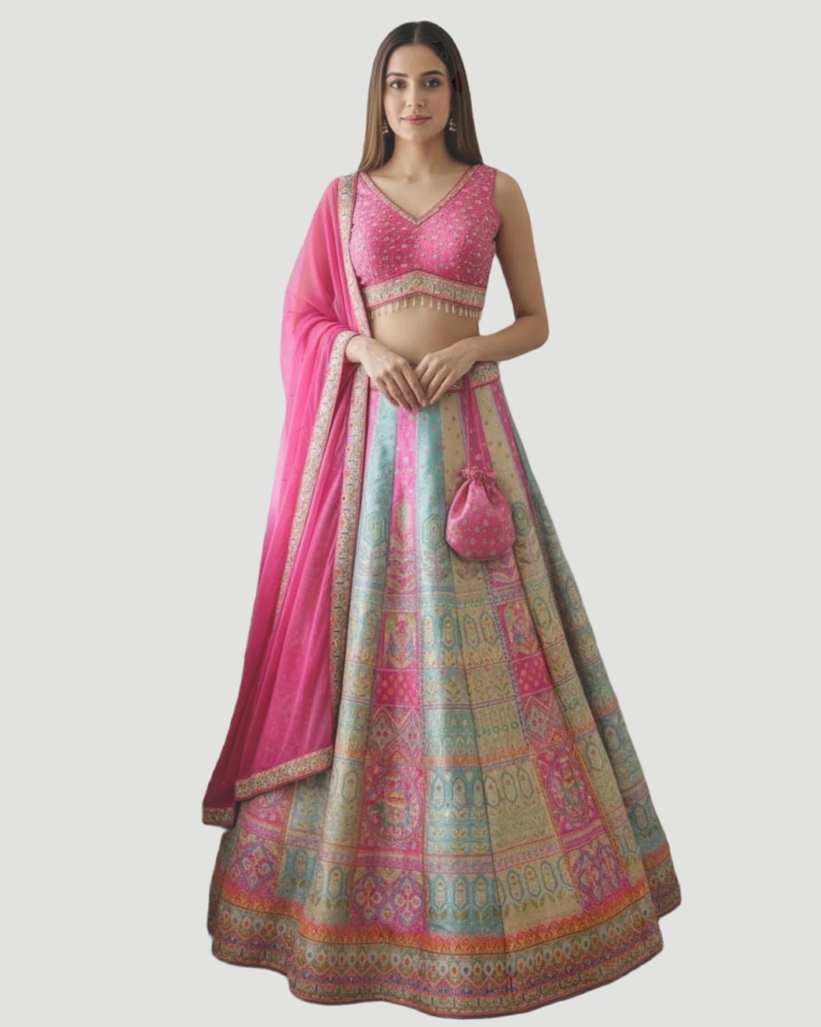 Pink Multicolor Banarasi Patchwork Lehenga Croptop Set