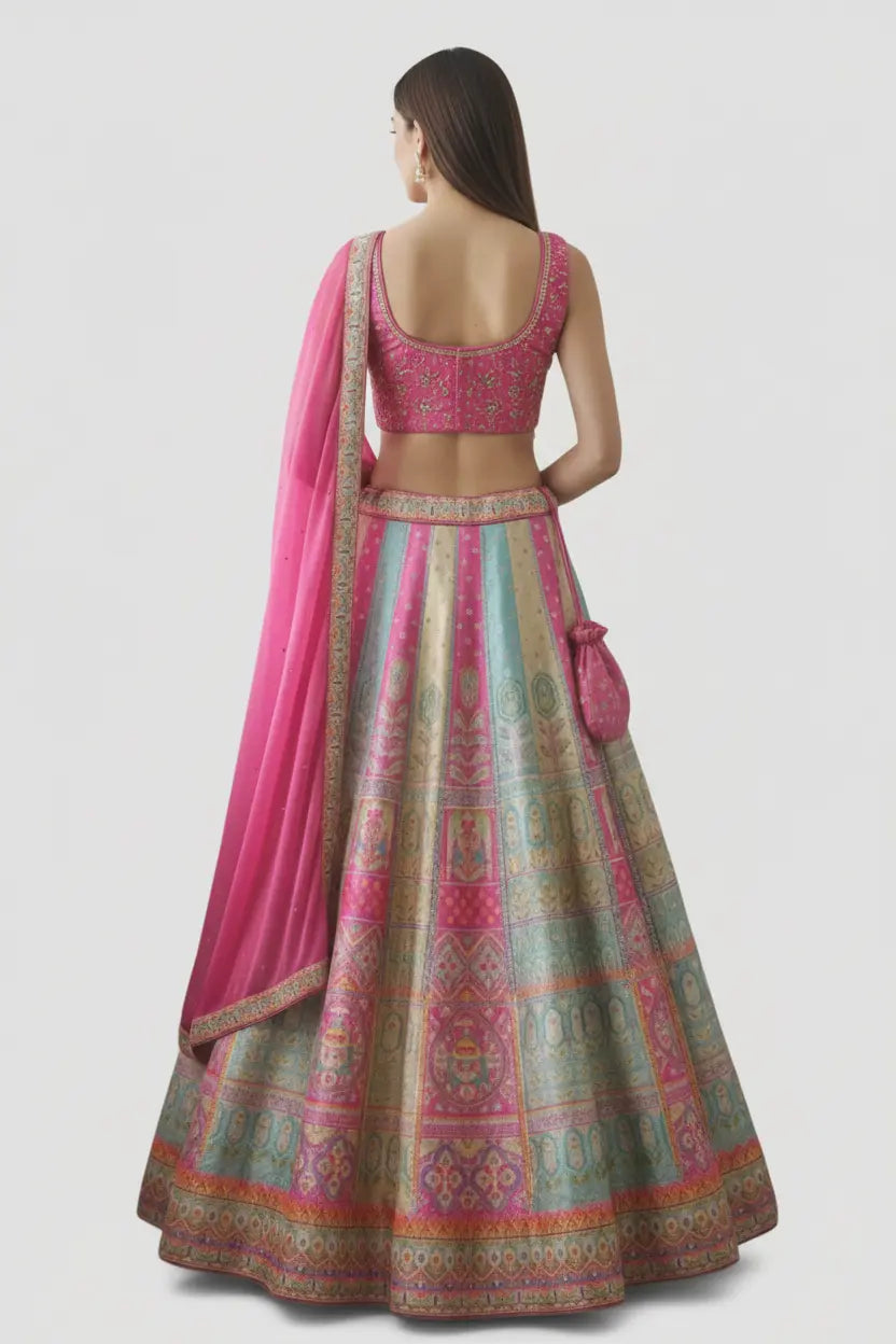 Woman wearing a traditional pink and multicolored lehenga with a dupatta on a light gray background