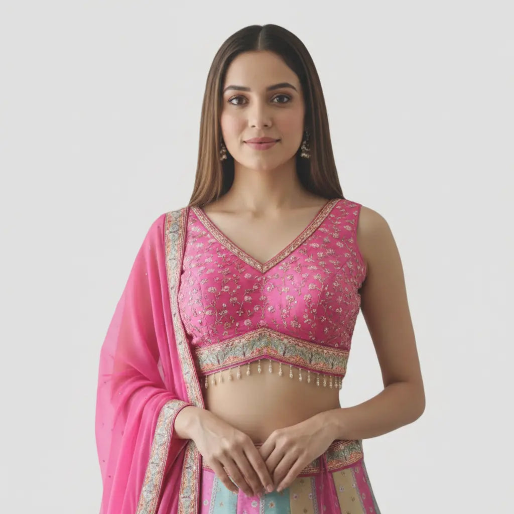 Woman wearing a pink traditional outfit with a plain background