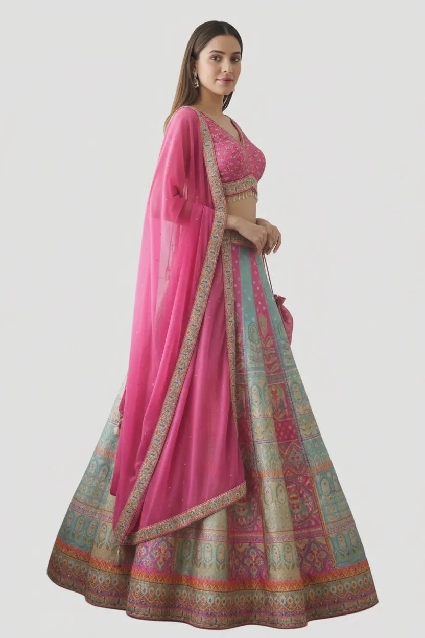 Woman wearing a pink traditional outfit with a patterned skirt on a white background