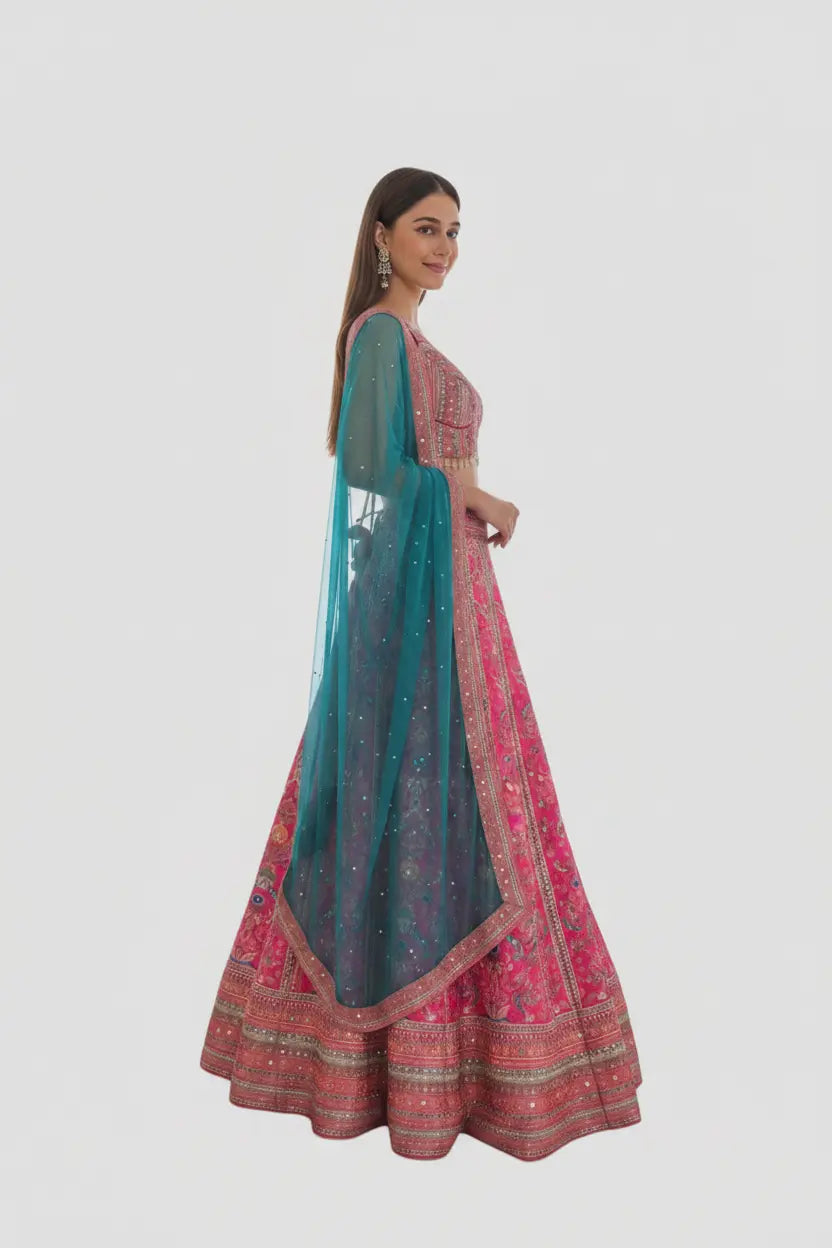Woman wearing a traditional outfit with a pink and blue color scheme on a white background