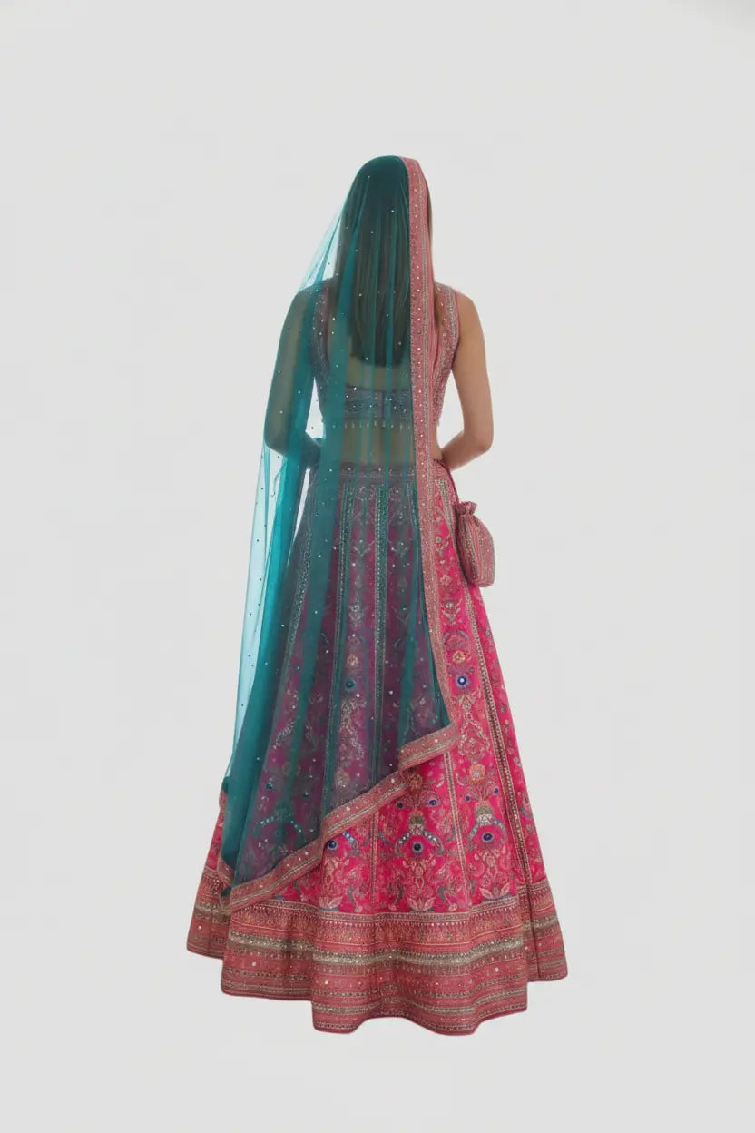 Woman wearing a colorful traditional outfit with a pink and blue dupatta on a white background