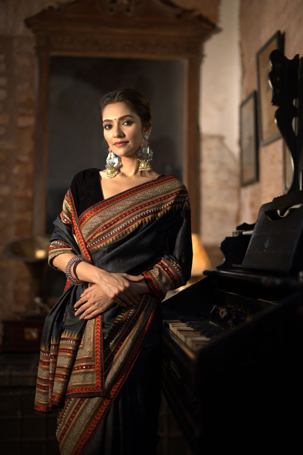 Black Tussar Silk Saree with Embroidery