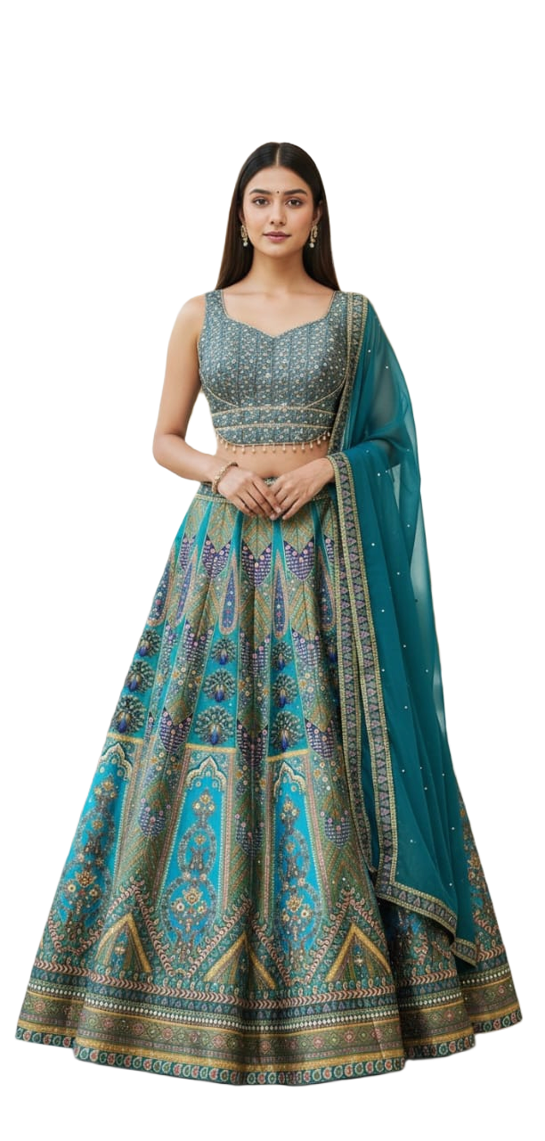 Regal Peacock Panelled Lehenga Croptop Set