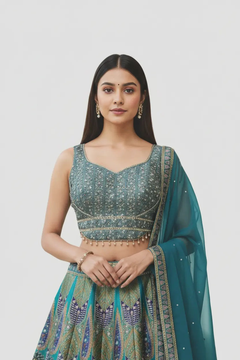 Woman wearing a traditional green and blue outfit with a plain background