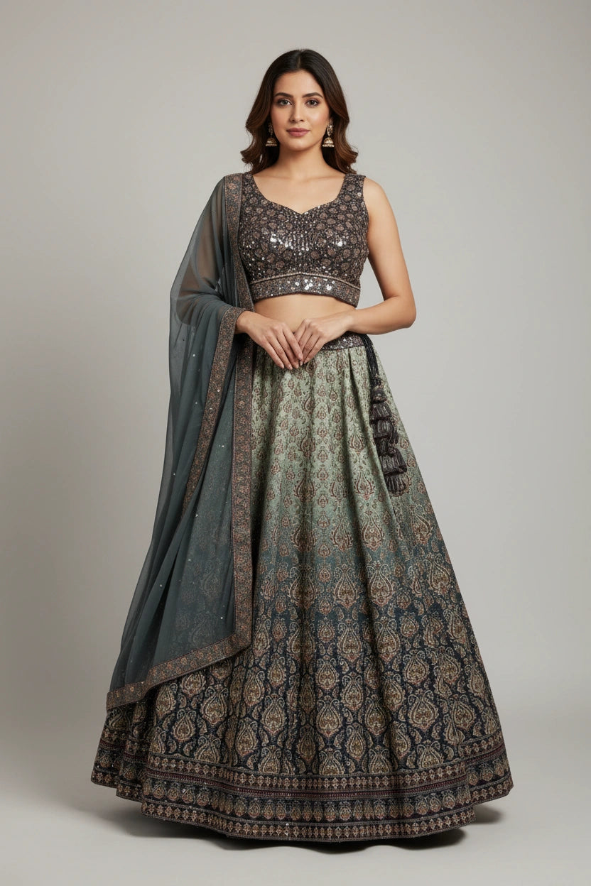 Statement Silk Katan Croptop Lehenga Set - Rangoli Sarees