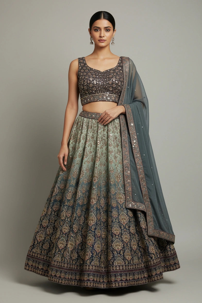 Statement Silk Katan Croptop Lehenga Set - Rangoli Sarees