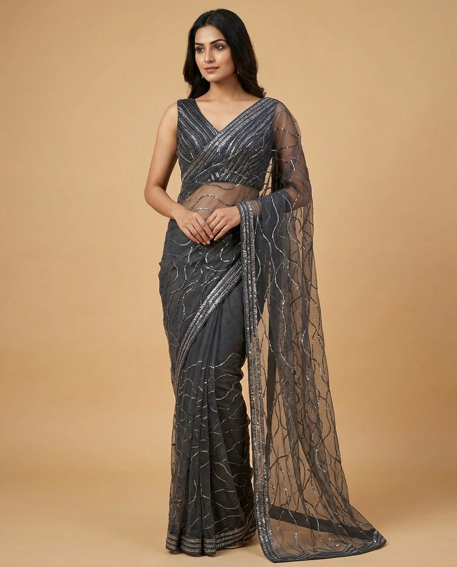 Black Designer Silk Blouse with Hand Aari Embroidery for Women