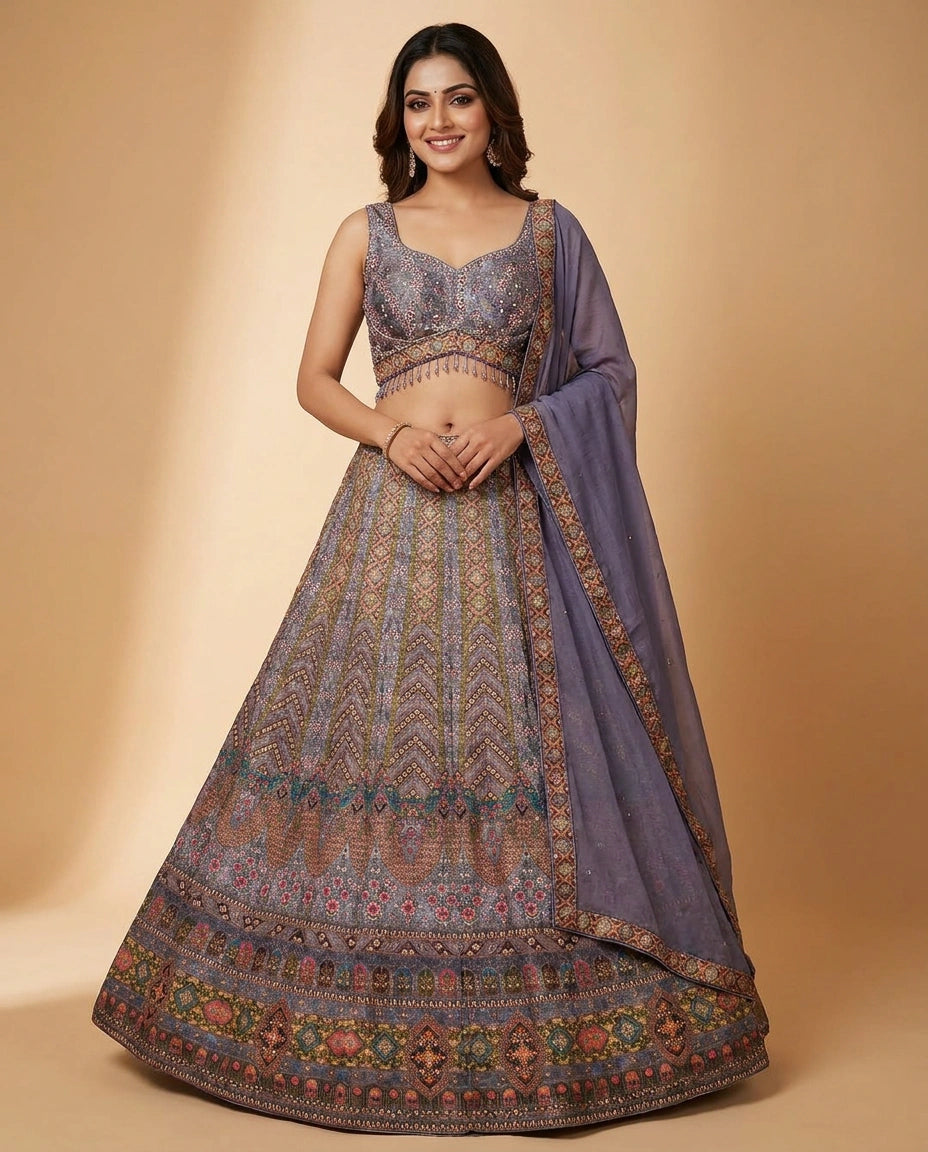 Woman wearing a traditional outfit with a patterned dress and dupatta on a beige background