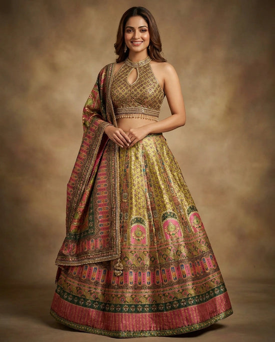 Woman wearing a traditional embroidered lehenga with a matching dupatta on a brown background