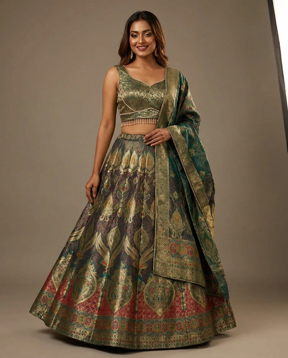 Woman wearing a traditional green and gold embroidered outfit against a neutral background
