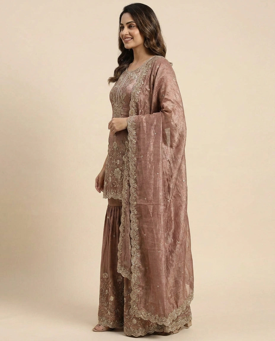 Tissue Sharara Suit With Embroidered - Rangoli India