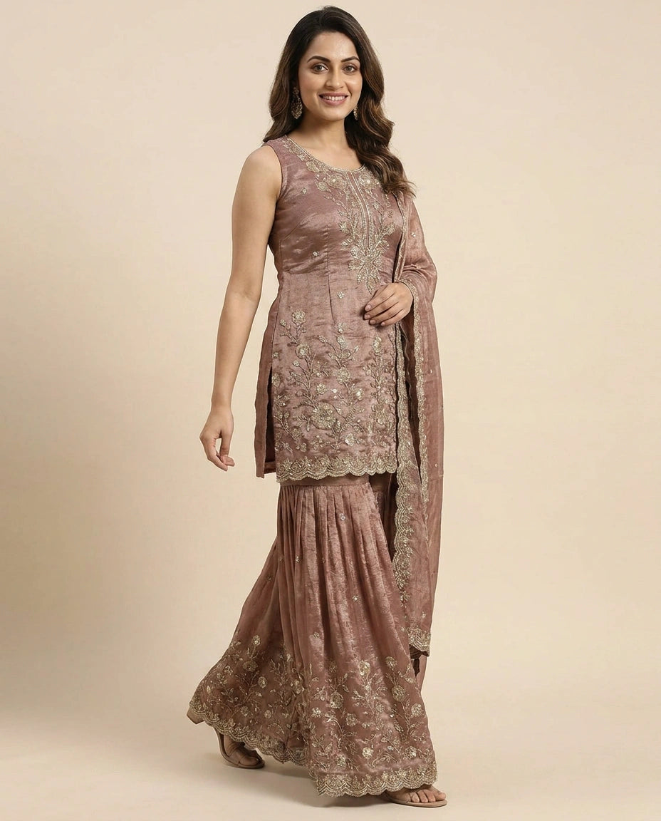 Tissue Sharara Suit With Embroidered - Rangoli India