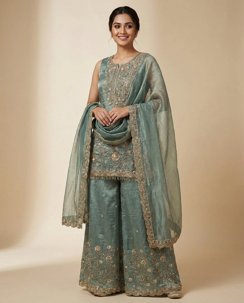 Tissue Sharara Suit With Embroidered - Rangoli India