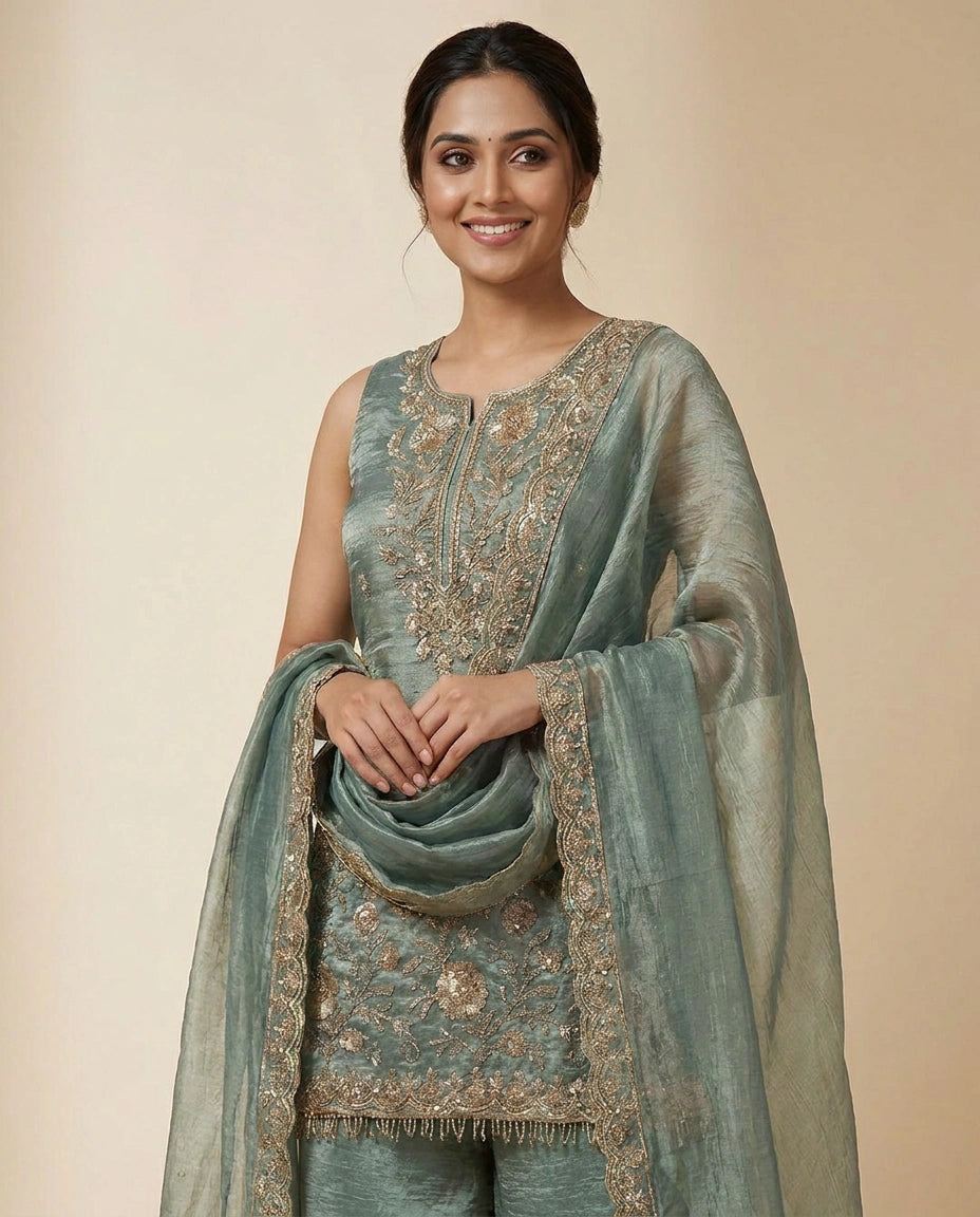 Tissue Sharara Suit With Embroidered - Rangoli India