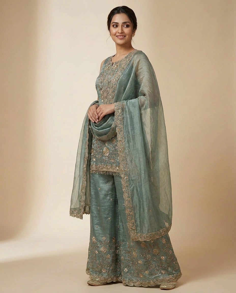 Tissue Sharara Suit With Embroidered - Rangoli India