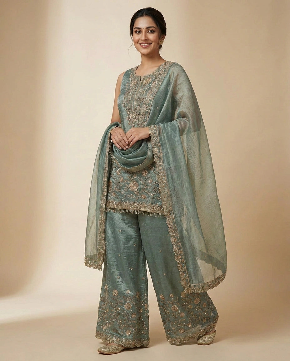 Tissue Sharara Suit With Embroidered - Rangoli India
