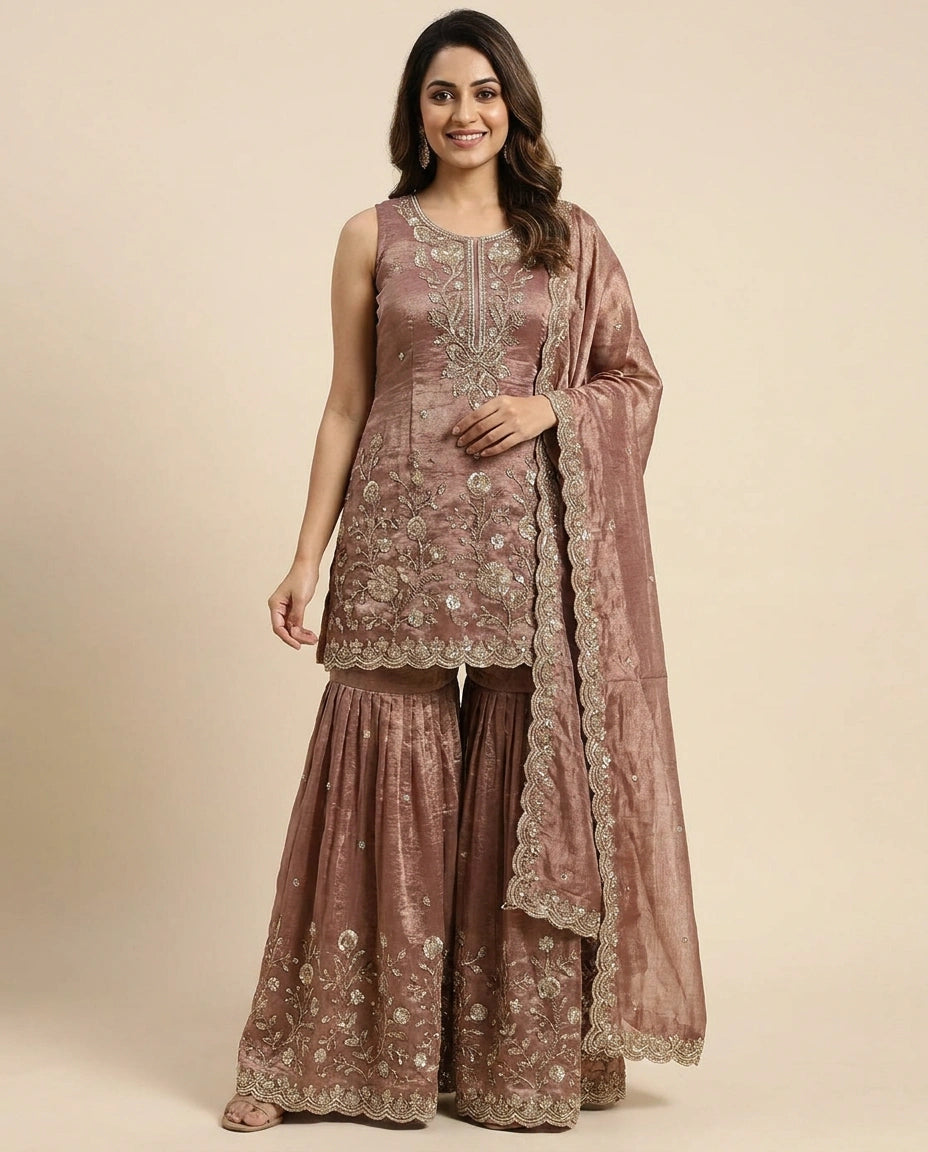 Tissue Sharara Suit With Embroidered - Rangoli India