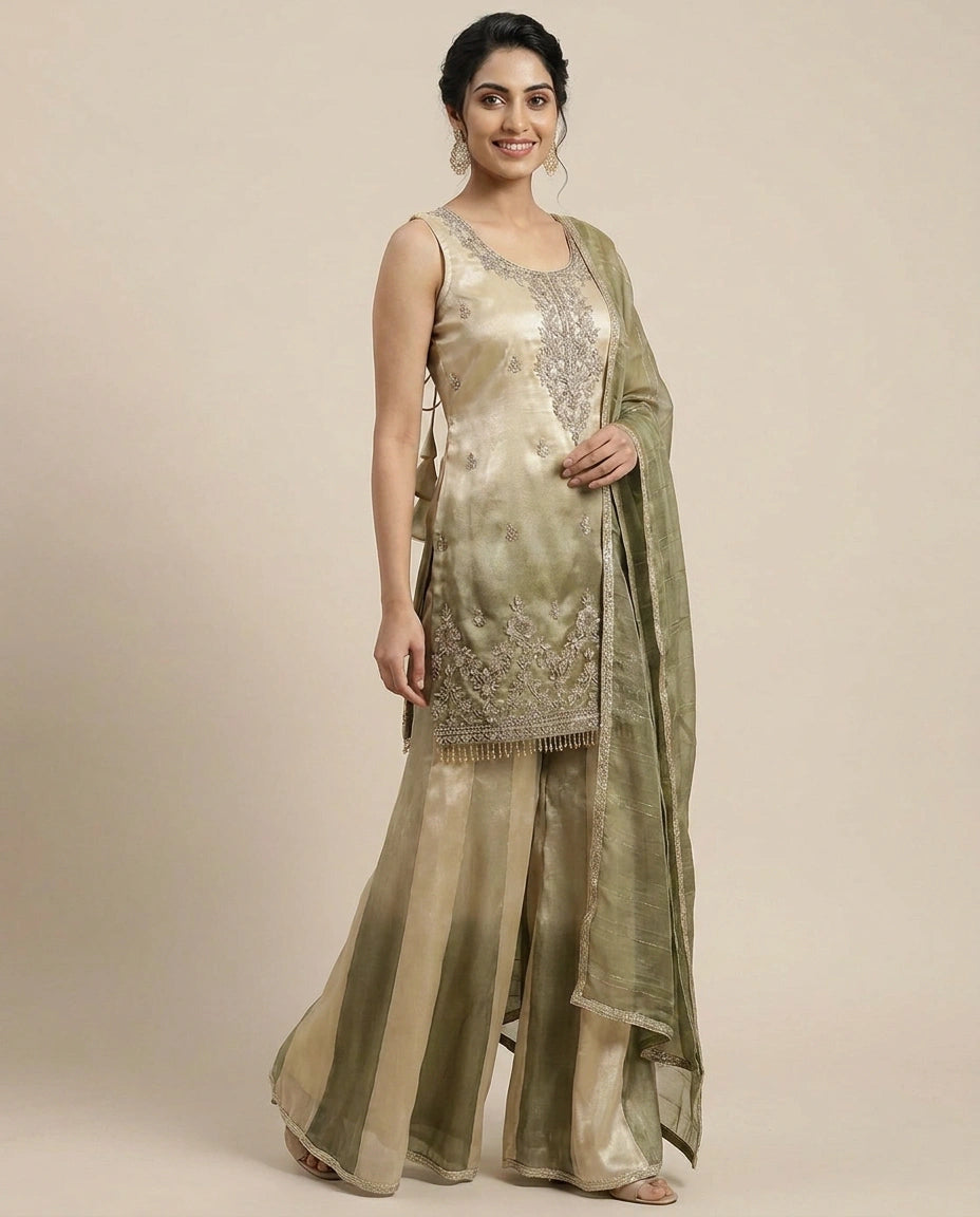 Tissue Sharara Suit with Pleated Hem - Rangoli India