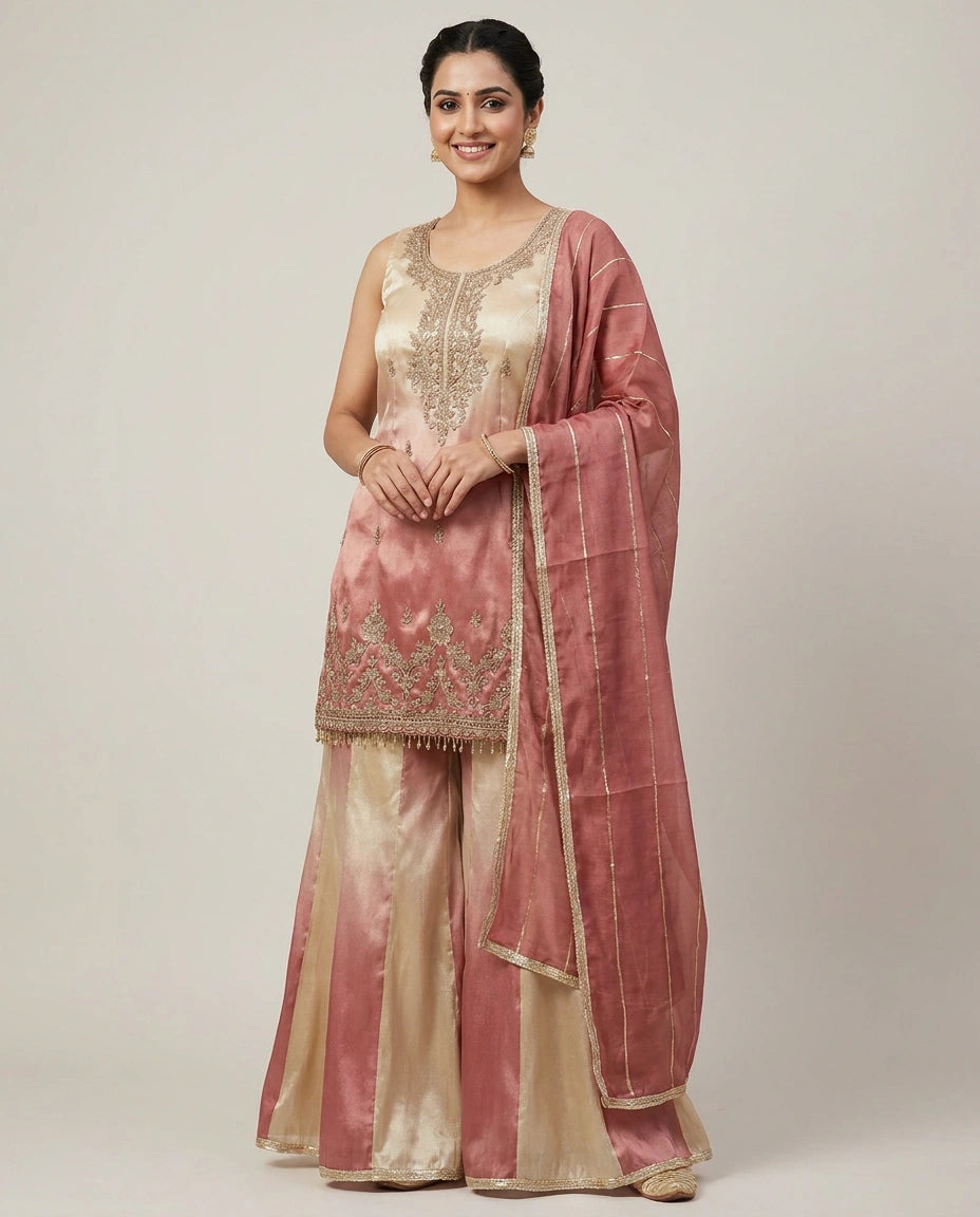 Tissue Sharara Suit with Pleated Hem - Rangoli India