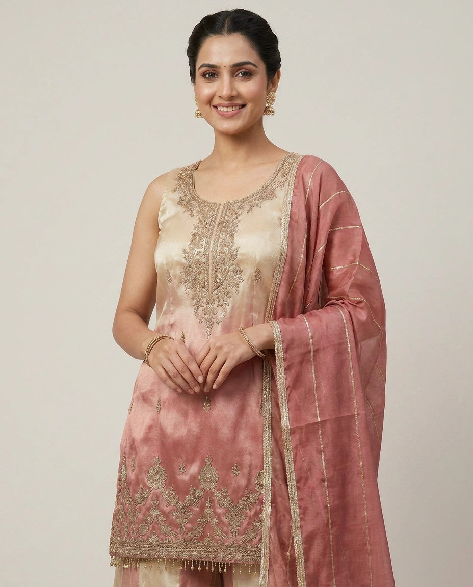 Tissue Sharara Suit with Pleated Hem - Rangoli India