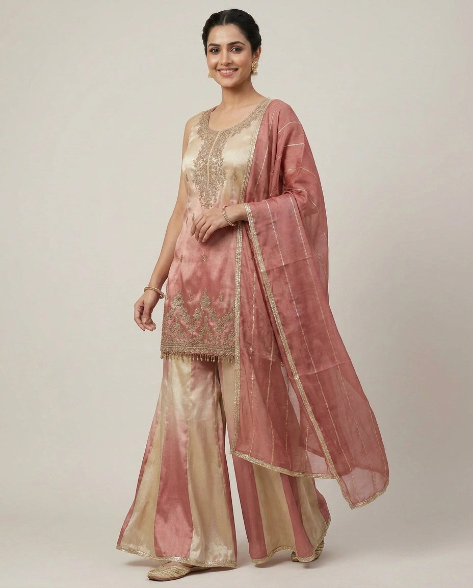Tissue Sharara Suit with Pleated Hem - Rangoli India