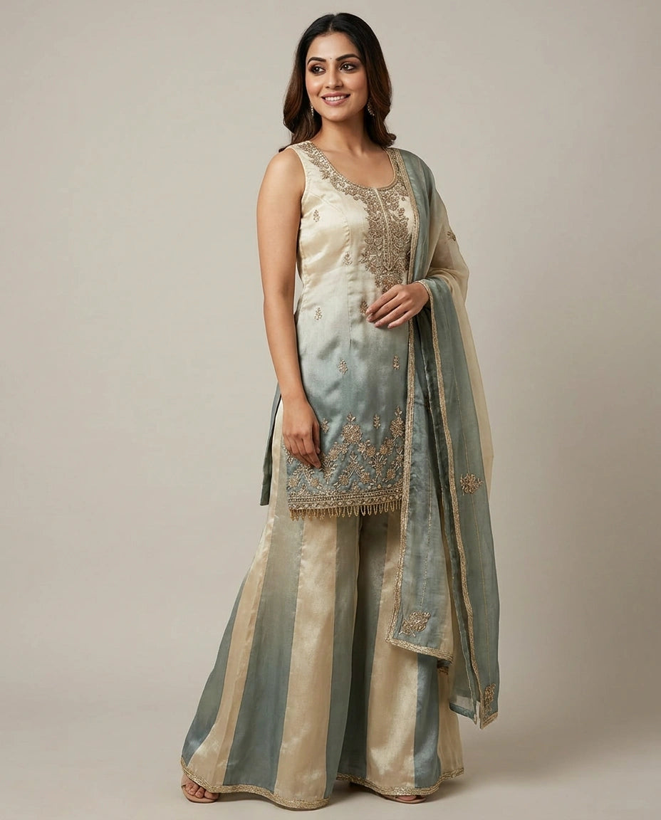 Tissue Sharara Suit with Pleated Hem - Rangoli India
