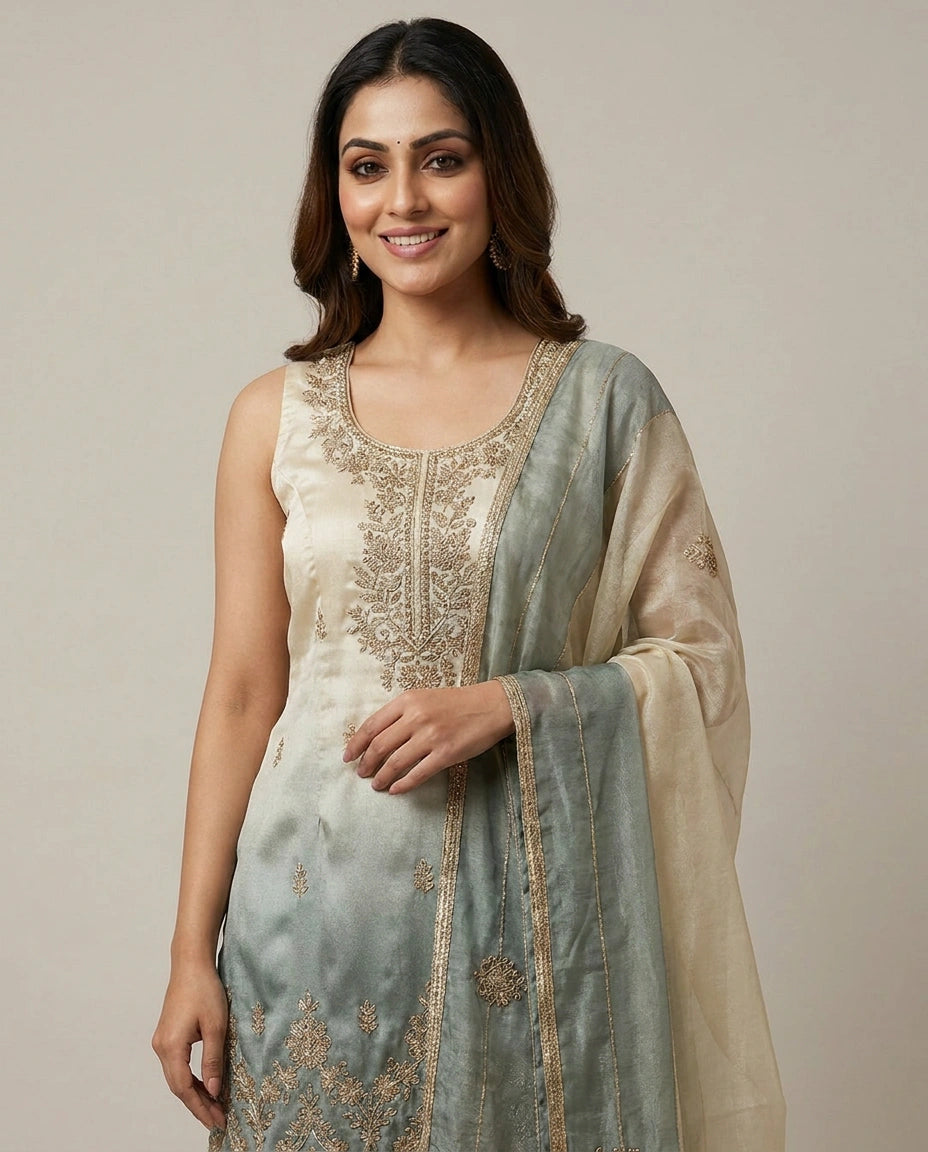 Tissue Sharara Suit with Pleated Hem - Rangoli India