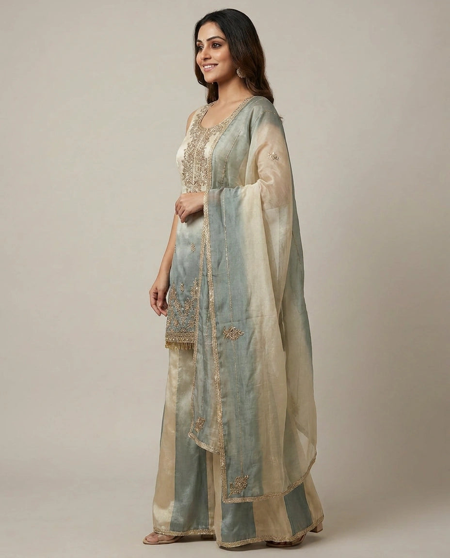 Tissue Sharara Suit with Pleated Hem - Rangoli India