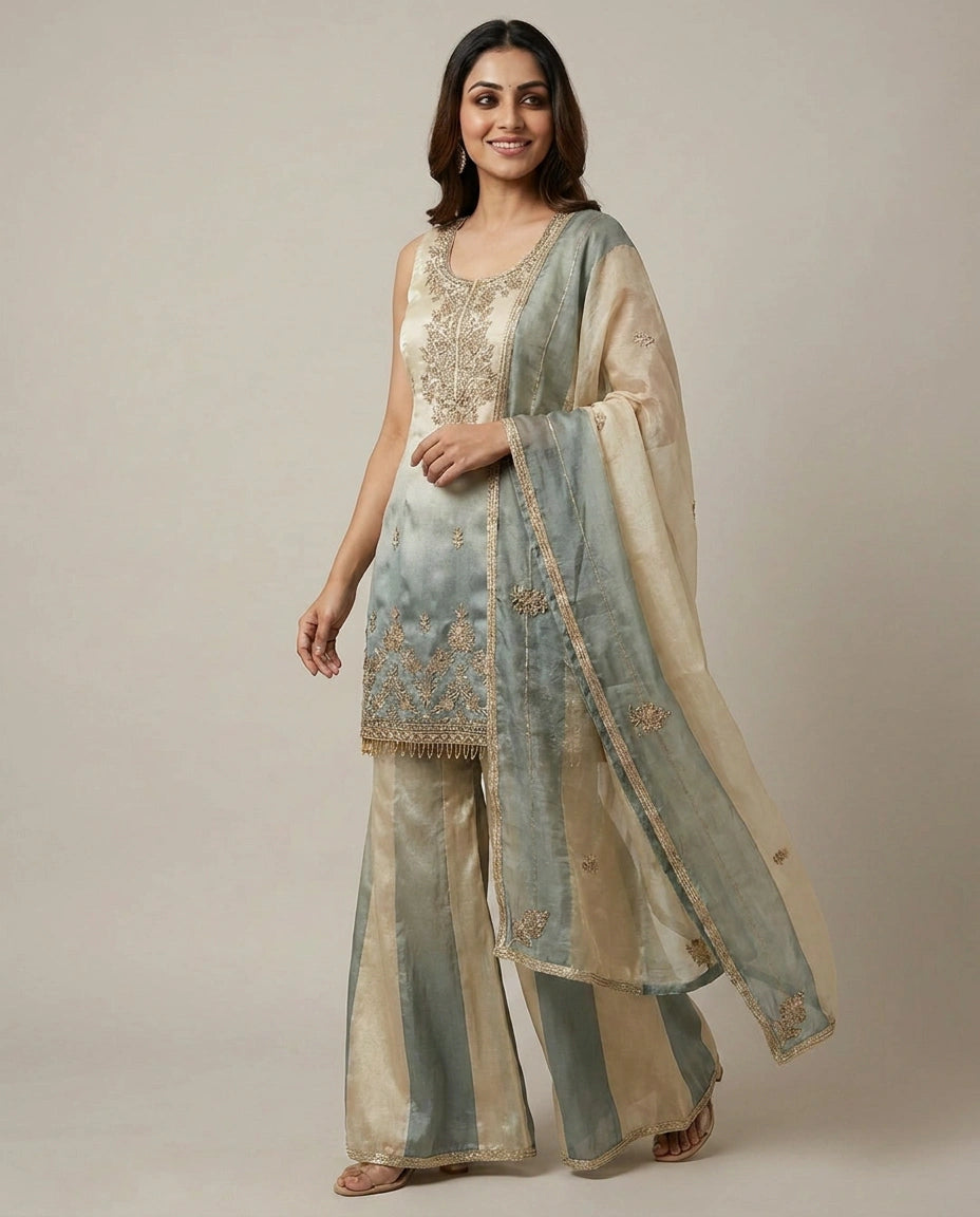 Tissue Sharara Suit with Pleated Hem - Rangoli India