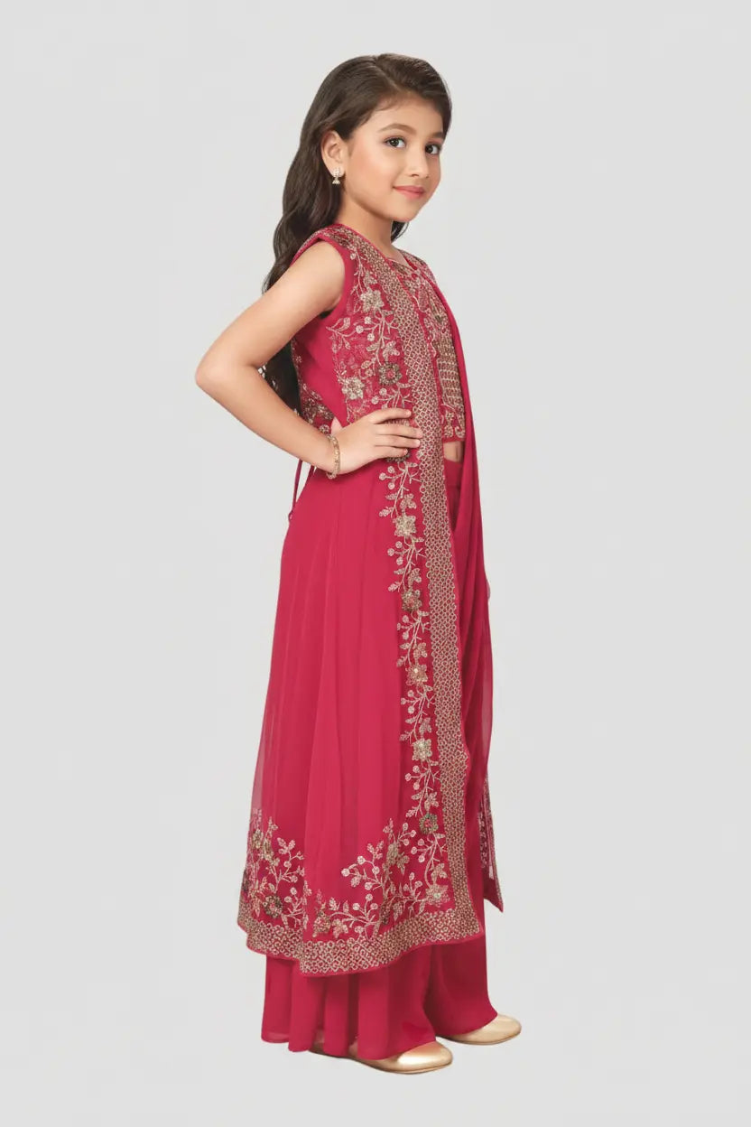 Young girl wearing a pink traditional outfit with floral embroidery on a light gray background