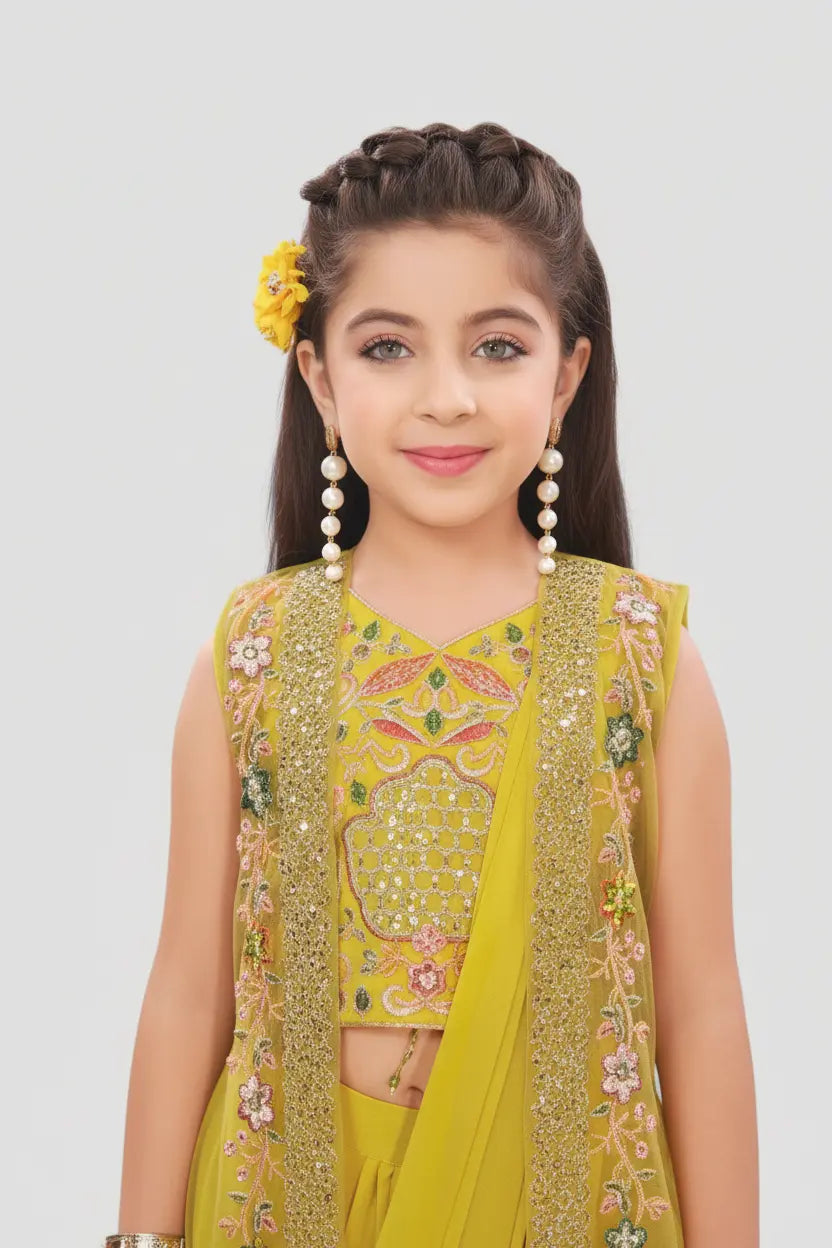 Young girl in a yellow traditional outfit with floral decorations on a light gray background